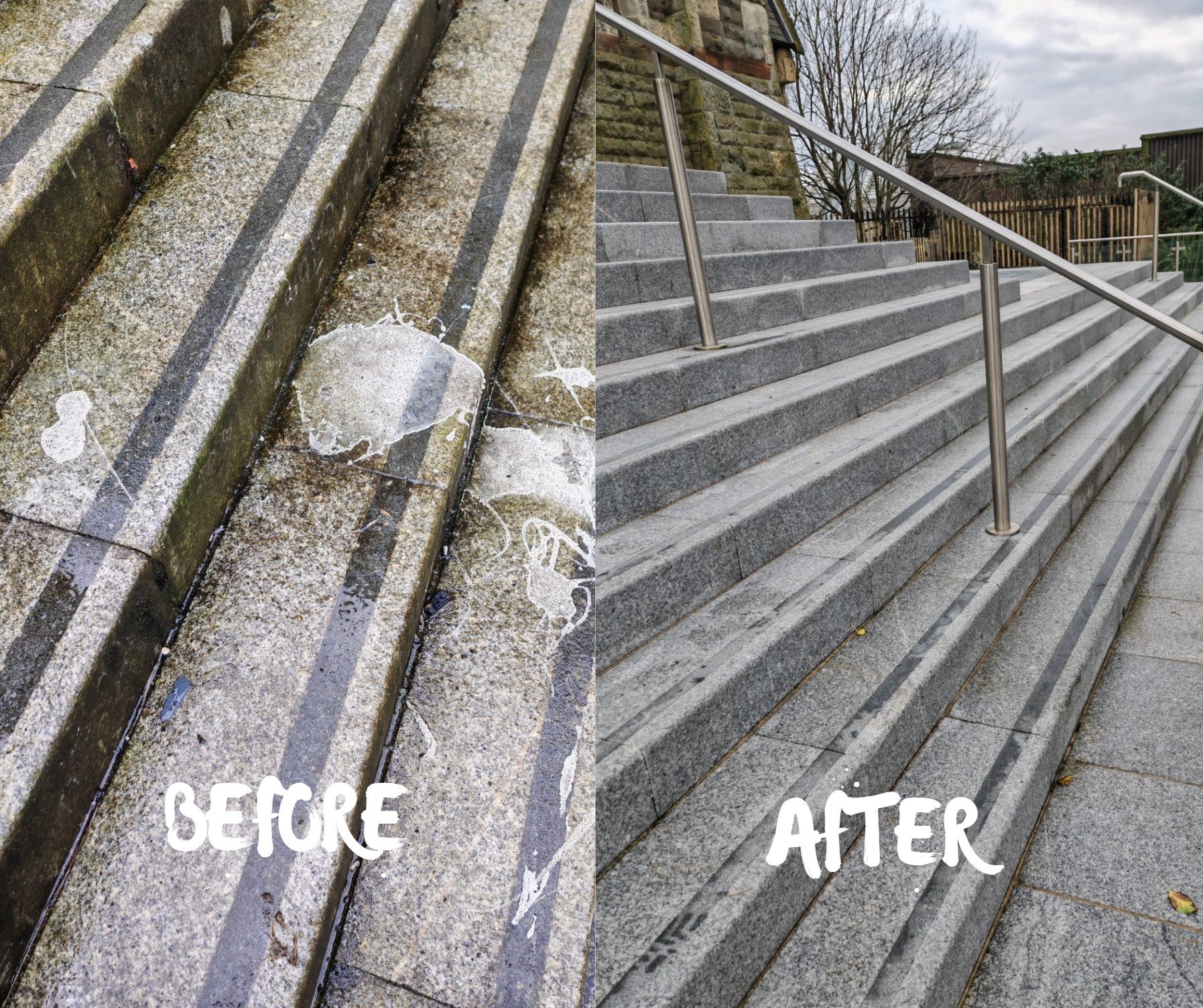 Before and after split image of the Bridgegate steps. Left: grimy, paint-splattered steps. Right: clean granite steps with new stainless-steel handrails.