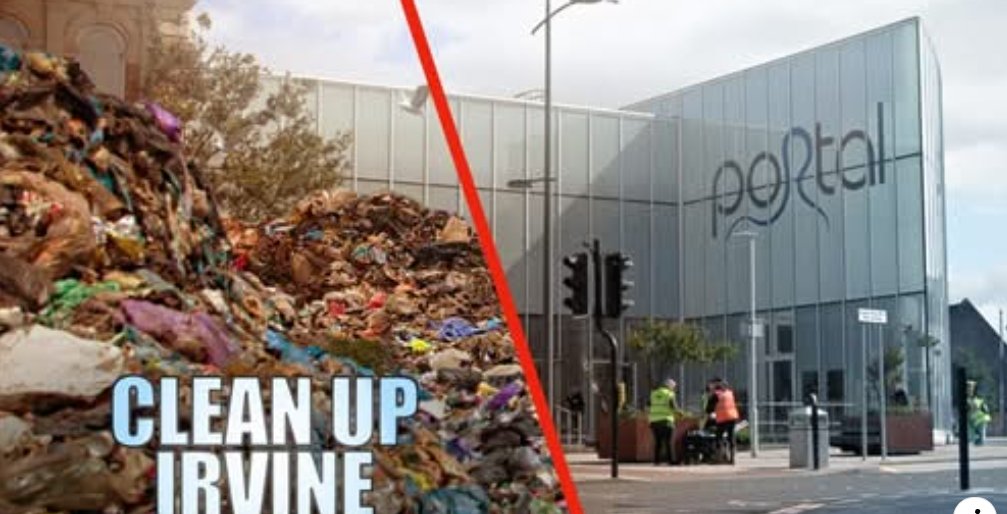 A 'Clean Up Irvine' branded image showing a large pile of collected rubbish on one side and volunteers in hi-vis jackets working outside the Portal on the other.